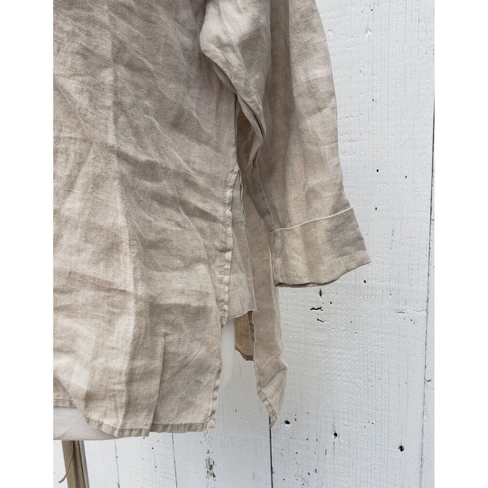XCVI Women's Beige 3/4 Sleeve Half Button 100% LINEN Oversized Top Shirt Sz XS - Picture 2 of 7